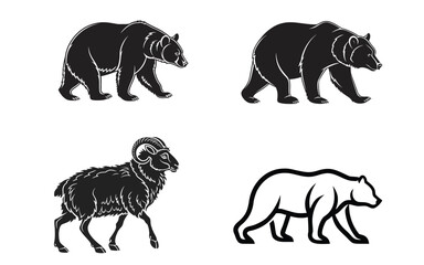 Wild Bear and Ram Vector Silhouette Illustration Set