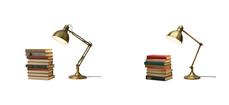 Creative workspace setup with desk lamp and stacked books modern office still life minimalist eye-level productivity concept isolated set png