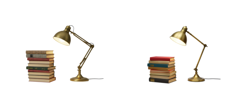 Creative workspace setup with desk lamp and stacked books modern office still life minimalist eye-level productivity concept isolated set png