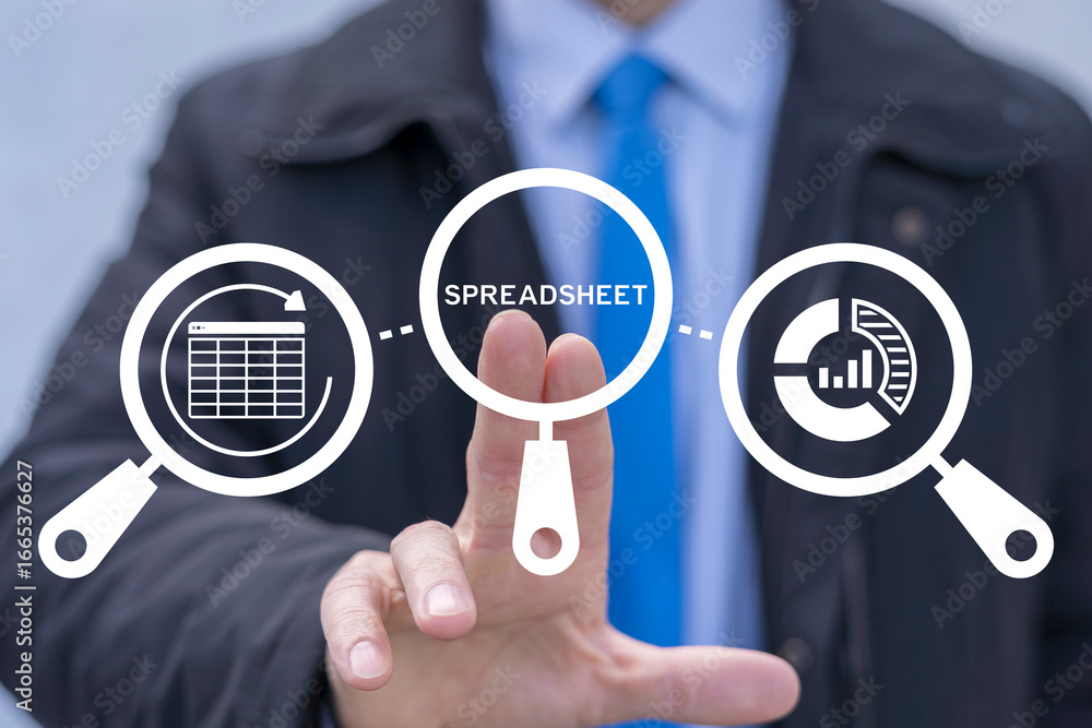 Poster business man using virtual touch screen clicks on the word spreadsheet. spreadsheets web online elec