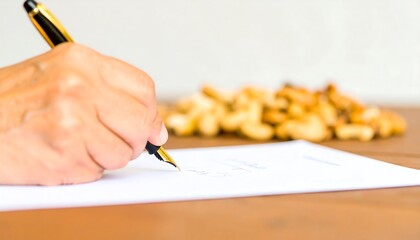 Hand writing on paper, cashew nuts in background