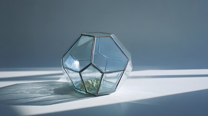 A modern polyhedral terrarium with blue-tinted glass and a dark metal frame housing a small succulent.