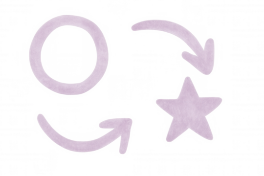 Purple watercolor star, circle and arrows pointing on transparent background, ideal for creative projects