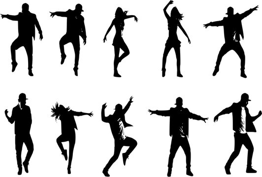 A set of men and women street dance hip hop dancers in silhouette
