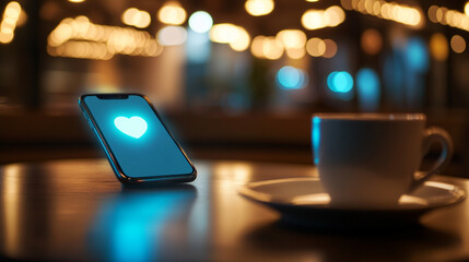 Smartphone floating above cafÃ© table, screen lighting up with chat notification, blurred coffee cup nearby