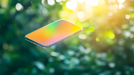 Floating phone mid-air, push notification in bright color glowing on screen, blurred greenery background