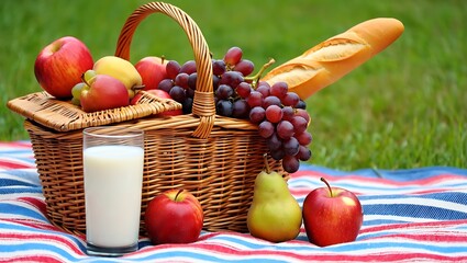 Charming Picnic Basket Filled with Fresh Fruits and Bread on a Sunny Day Perfect for Outdoor Relaxation and Enjoying Delicious Treats in a Natural Setting