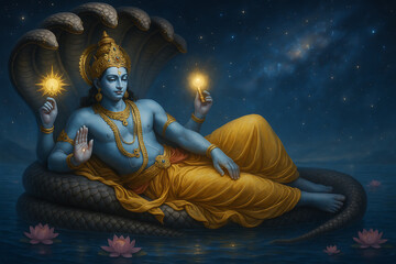 Hindu god vishnu resting on serpent sheshnag in cosmic ocean under night sky, divine indian mythology artwork of creation and spirituality