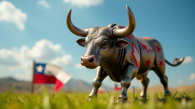 A sculpture of a bull stands in a green field, with a Texas flag waving in the background