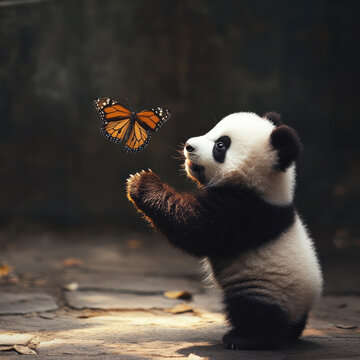Baby panda chasing a butterfly, small paws reaching out, delicate wings fluttering above its nose, whimsical and magical wildlife moment, copy space. 