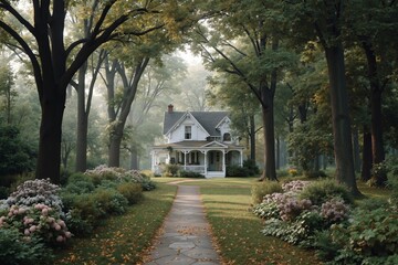 A house in the middle of a lush green forest