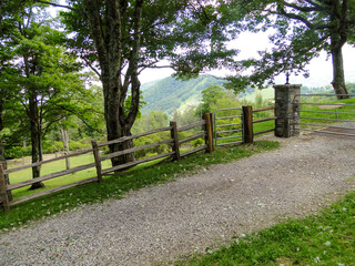 Fototapeta premium Country Lane with Wooden Fence and Mountain View