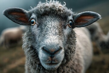 Fototapeta premium Shocked sheep with soft eyes in meadow close up capturing innocence and charm in pastoral countryside
