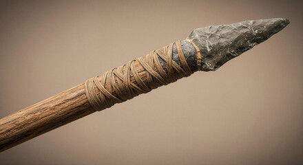 Close-up of a hand-crafted primitive hunting spear with stone tip and natural bindings
