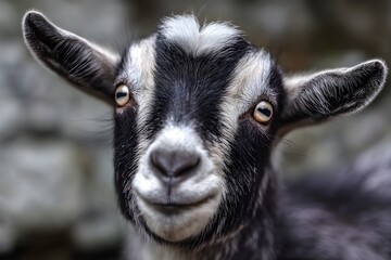 Shocked pygmy goat with curious eyes in hillside pasture capturing whimsical charm and wildlife personality