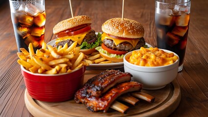 Delicious American Cuisine Featuring Cheeseburgers Fries Mac and Cheese Ribs and Refreshing Cola for a Classic Meal Experience