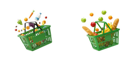 Grocery shopping frenzy fresh produce and bread in a vibrant market setting isolated set png