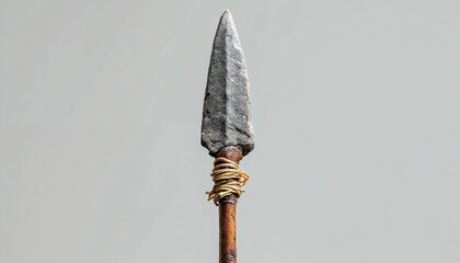 Close-up of a hand-crafted primitive hunting spear with stone tip and natural bindings