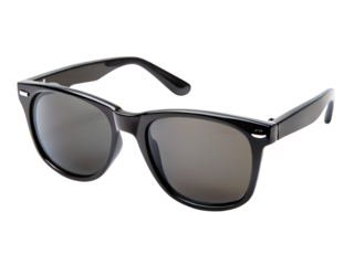 Classic black wayfarer style sunglasses with dark mirrored lenses, isolated on transparent background