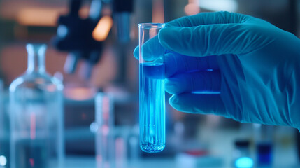 Close-up of a gloved hand holding a test tube with glowing blue liquid, blurred laboratory equipment in background