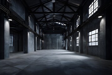 Gritty industrial warehouse interior with raw, exposed elements and bold modern architecture