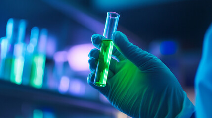 ScientistÃ¢ÂÂs hand in protective glove holding test tube of neon green glowing solution, modern lab lights behind