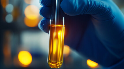 Close-up of hand with blue glove, glowing golden-yellow test tube, laboratory lighting reflections on glass