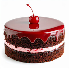 
A delicious-looking two-layer chocolate cake with pink frosting, a glossy red glaze, and a single cherry on top.