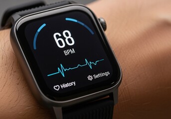 A modern smartwatch on a wrist actively tracking and displaying a healthy heart rate of 68 BPM with a pulse graph.