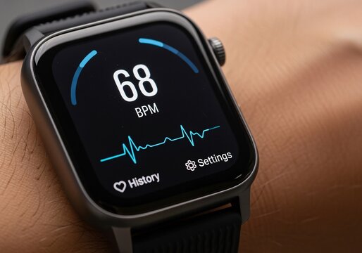A modern smartwatch on a wrist actively tracking and displaying a healthy heart rate of 68 BPM with a pulse graph. - Powered by Adobe