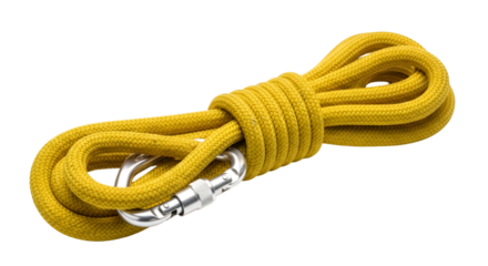 climbing rope with carabiner attached, isolated on white background, showing strength and adventure gear. ,PNG