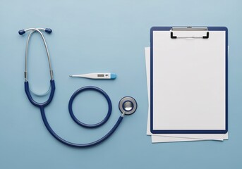 A blue stethoscope, digital thermometer, clipboard with blank paper, and medical tools arranged on a light blue background.