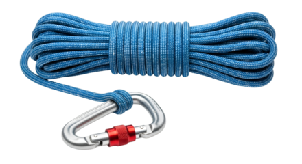 climbing rope with carabiner attached, isolated on white background, showing strength and adventure gear. ,PNG