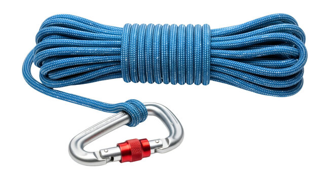 climbing rope with carabiner attached, isolated on white background, showing strength and adventure gear. ,PNG