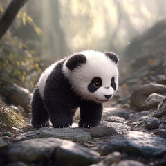 Obraz premium Baby panda exploring a rocky forest path, tiny paws carefully stepping over stones, soft dappled light illuminating its fluffy fur, copy space. 