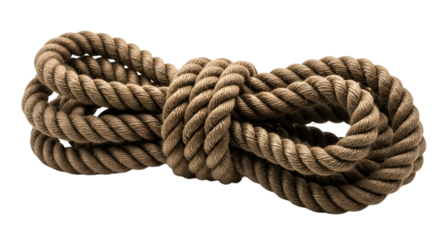 A thick battle rope coiled on white background, fitness training equipment sharp and detailed.