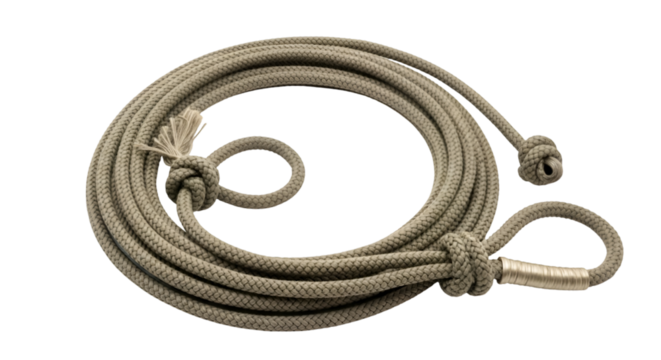 A lasso rope neatly looped for cowboy or rodeo use, isolated on white background. ,PNG