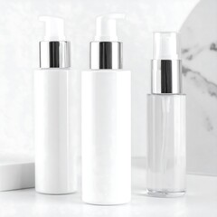 Three white cosmetic bottles on marble