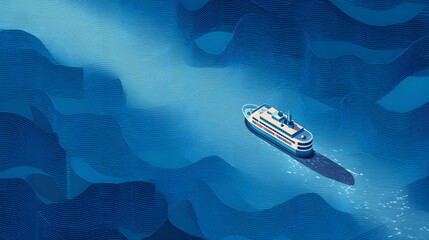 Tranquil ferry route in a nautical isometric design, illustrating peaceful sea travel and scenic water routes