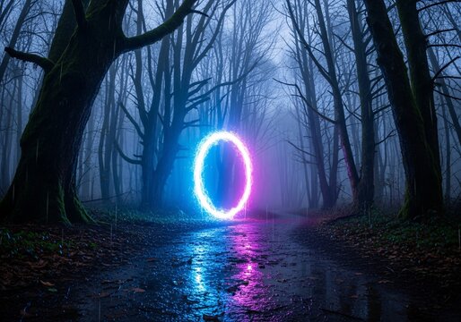 A glowing, circular portal with blue and pink hues stands in a misty, dark forest, reflecting on a wet path. - Powered by Adobe