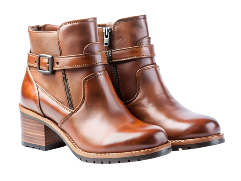 Pair of brown leather ankle boots with buckle and zipper isolated on transparent background