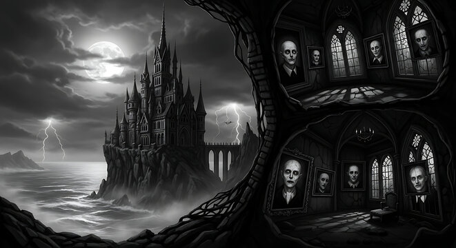 A gothic castle illuminated by moonlight with portraits in the interior chambers of the building