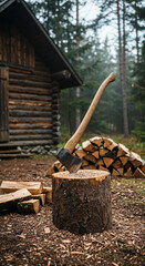 Fototapeta premium Rustic forest cabin with firewood, axe, and chopping stump in a cinematic setting