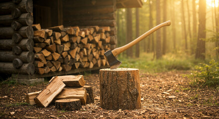 Rustic forest cabin with firewood, axe, and chopping stump in a cinematic setting
