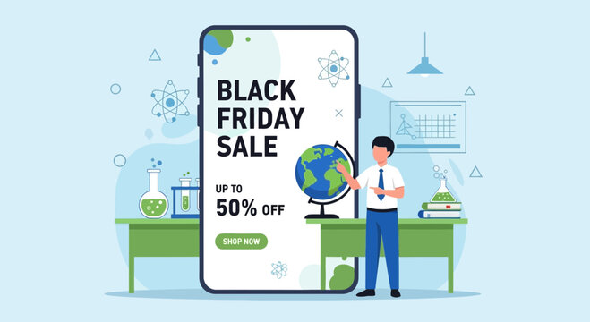 A Black Friday sale promotion displayed on a smartphone with educational elements