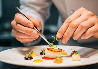 A professional chef uses precision tweezers to meticulously garnish a gourmet seared scallop dish.