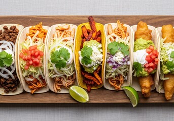 An overhead shot of a wooden board featuring a variety of colorful and appetizing tacos with different fillings, including meat, vegetables, guacamole, and fish.