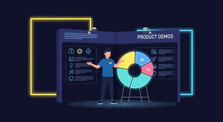 Animated product demo presentation with neon graphics and detailed illustrations