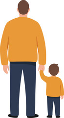 Fototapeta premium Father and son holding hands standing together in orange sweaters and dark pants vector illustration 