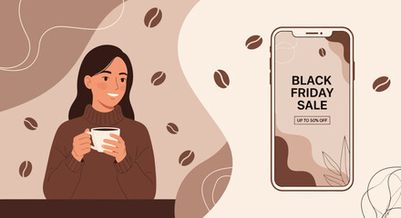Black Friday coffee promotion with woman drinking coffee from her smartphone ad